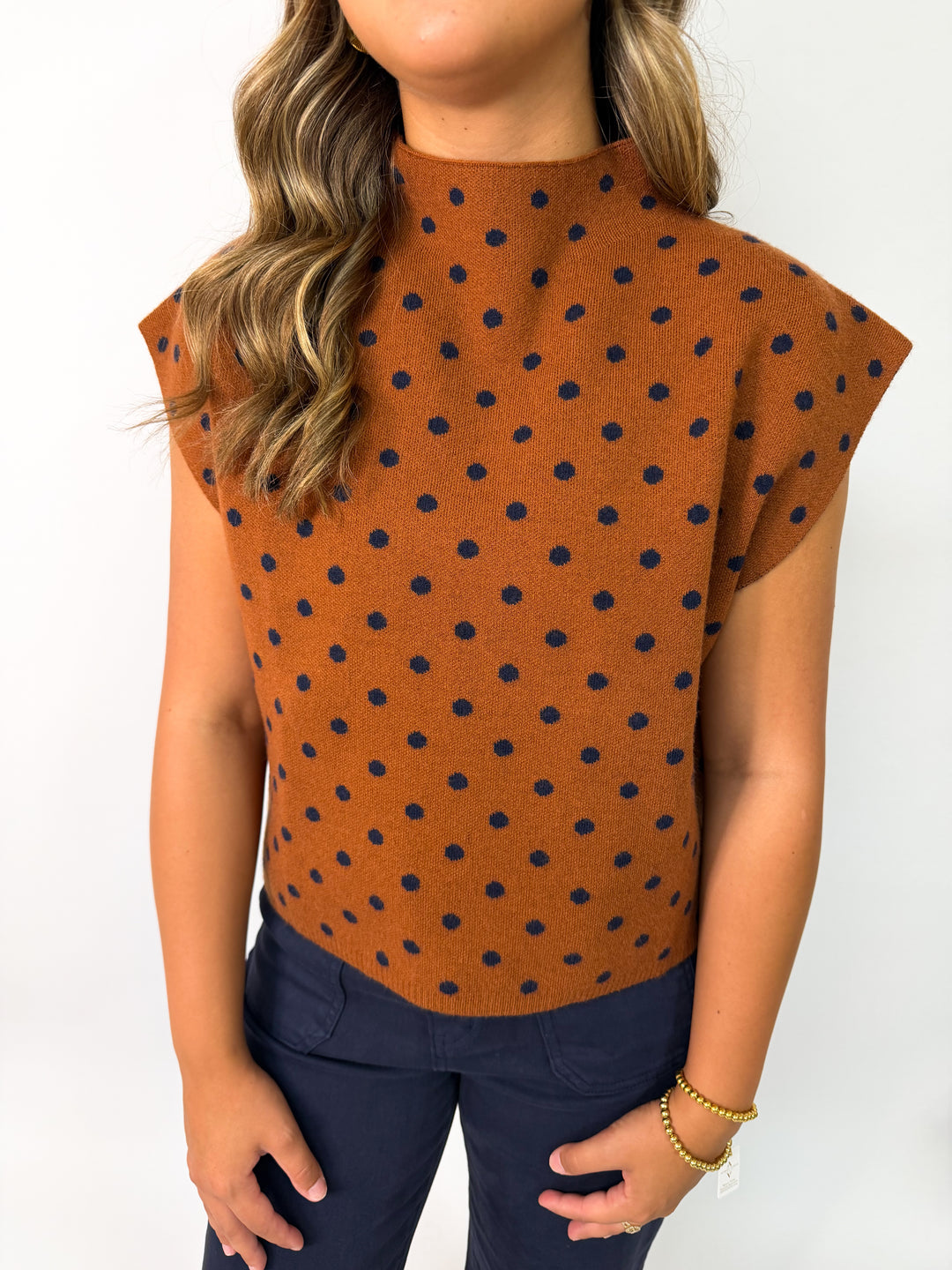 Camel Navy Polka Dot Mock Neck Sweater
