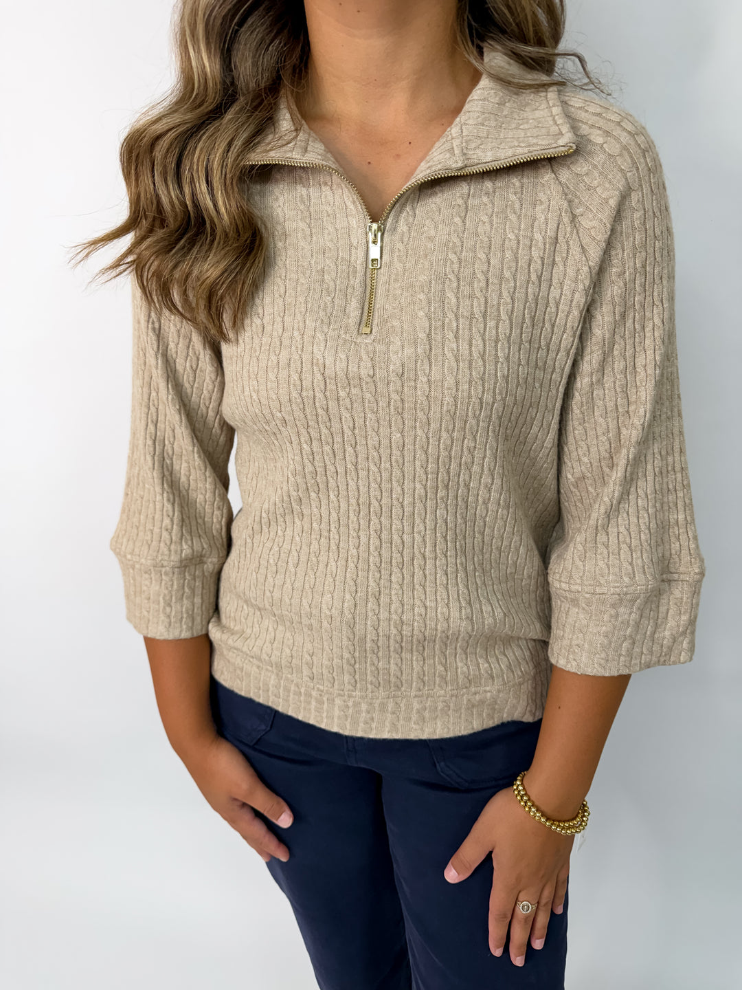 Taupe Cable Knit Half Zip Sweater
