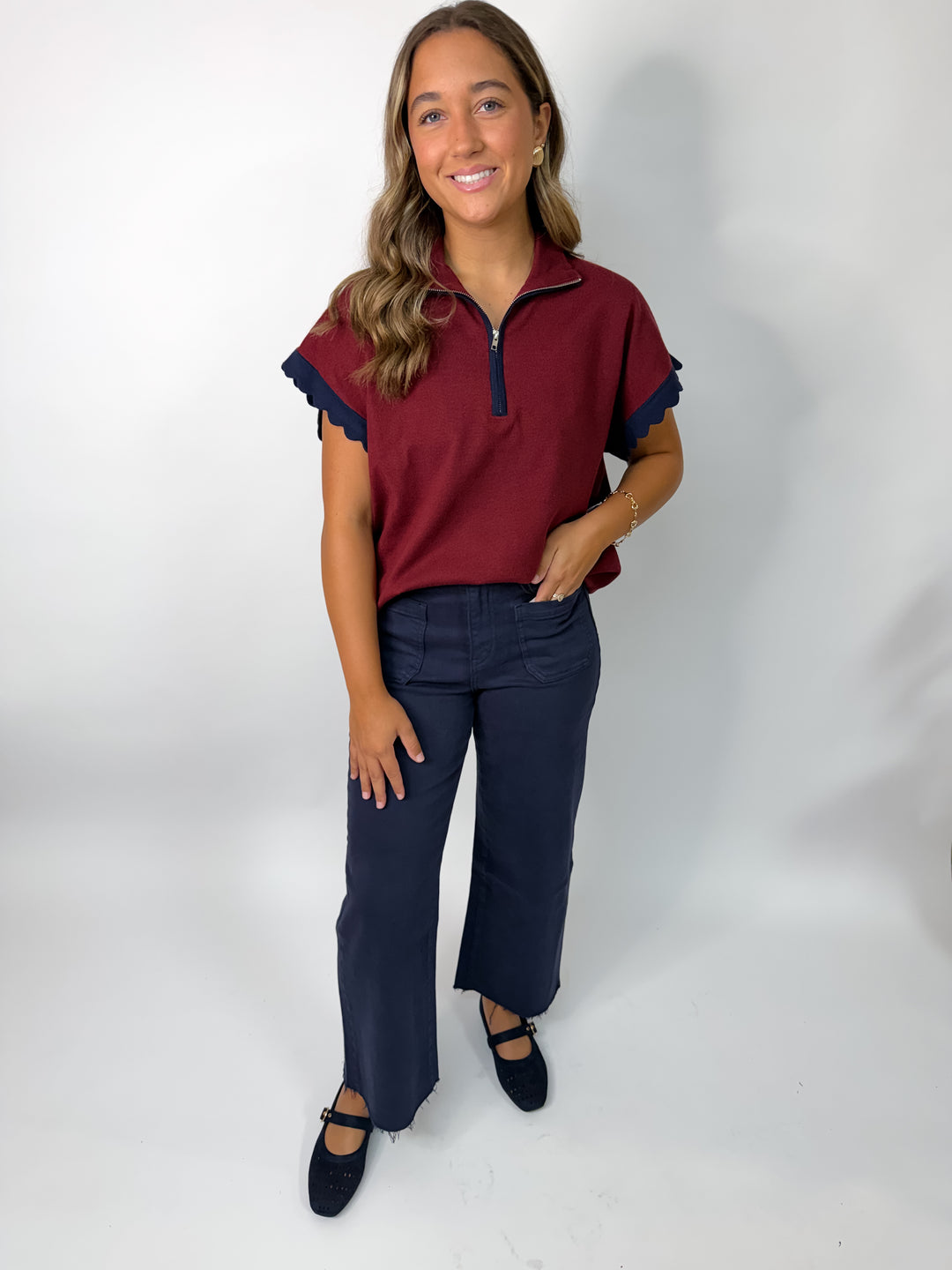 Burgundy Scalloped Half Zip Sweater