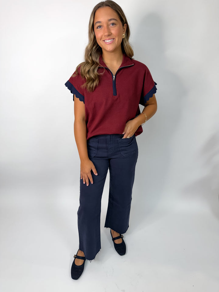 Burgundy Scalloped Half Zip Sweater