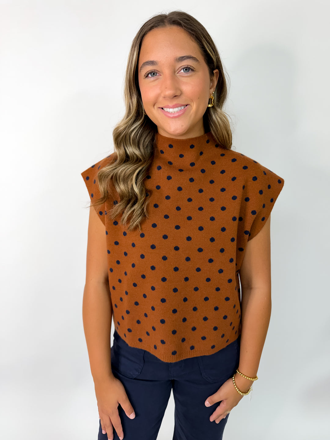 Camel Navy Polka Dot Mock Neck Sweater