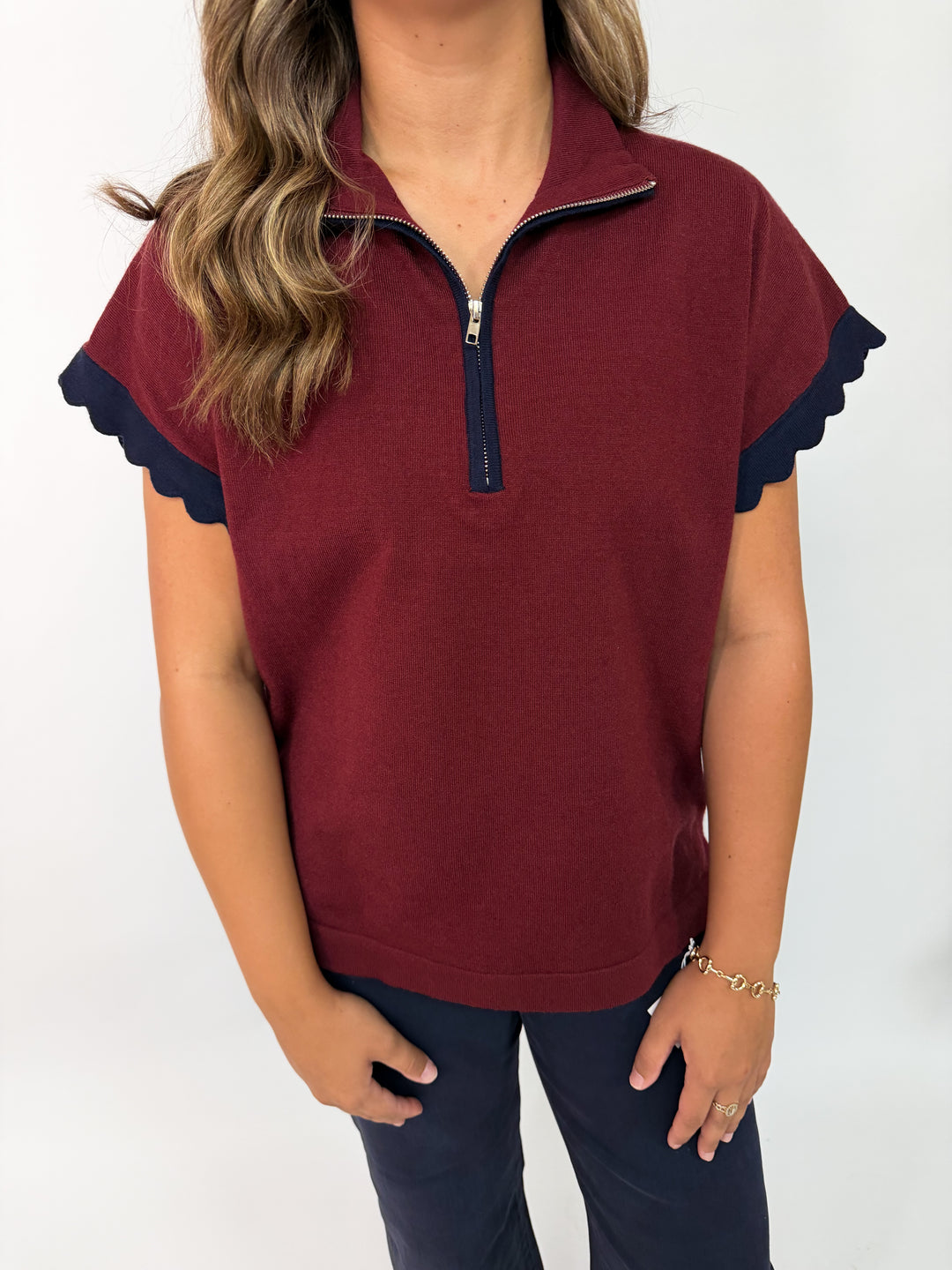 Burgundy Scalloped Half Zip Sweater