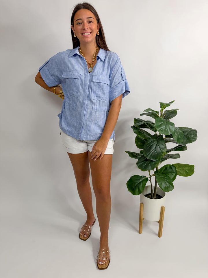 Chambray Tie Waist Blouse