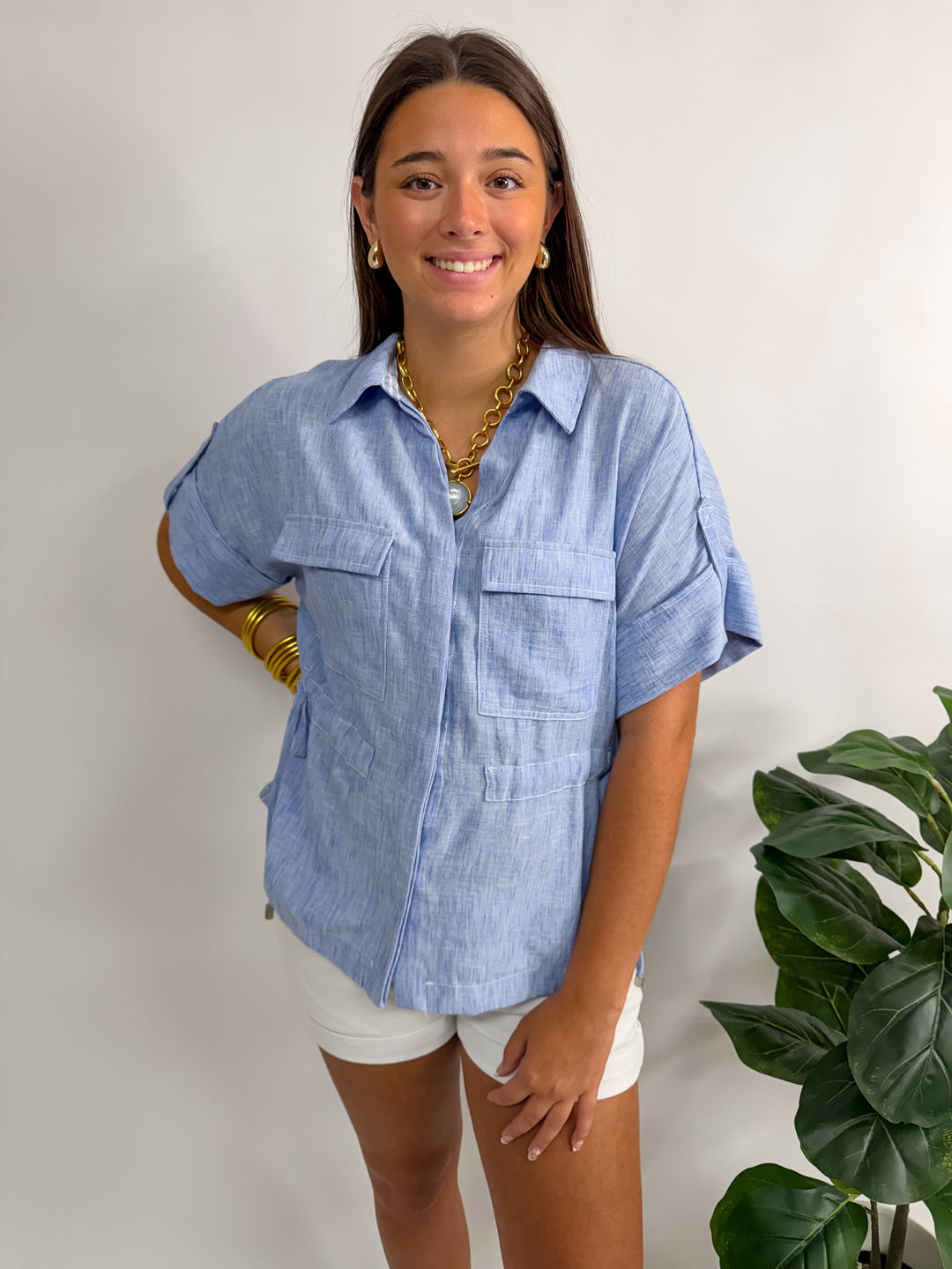 Chambray Tie Waist Blouse