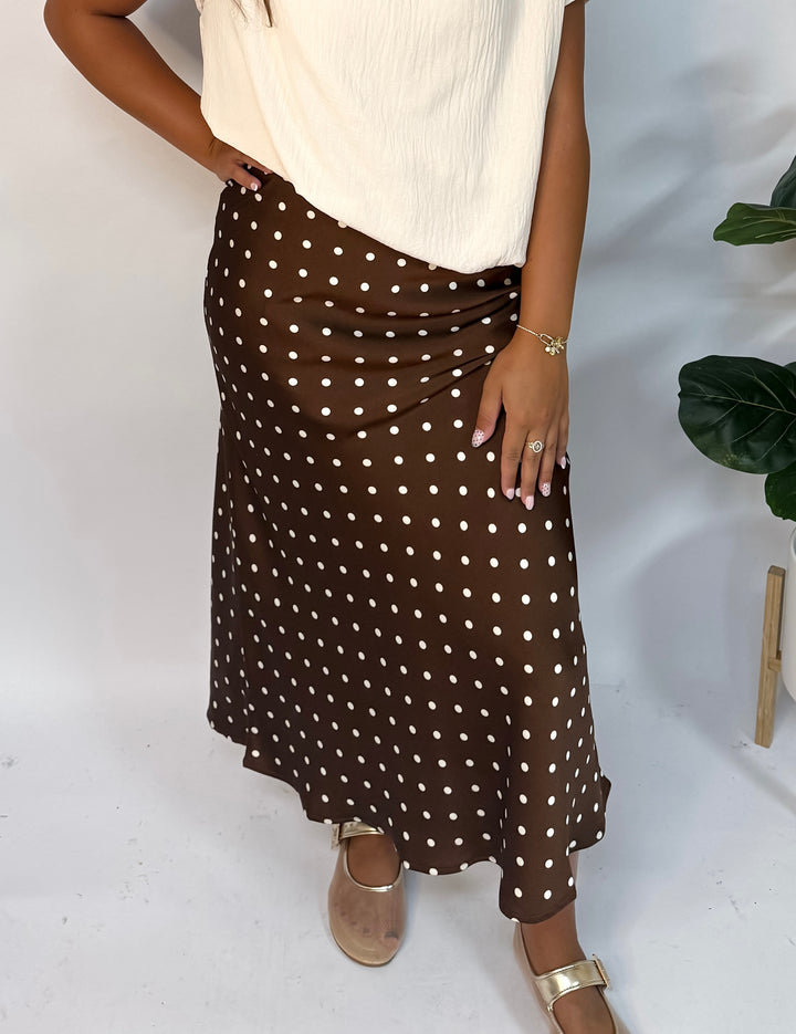 Brown Polka Dot Satin Midi Skirt