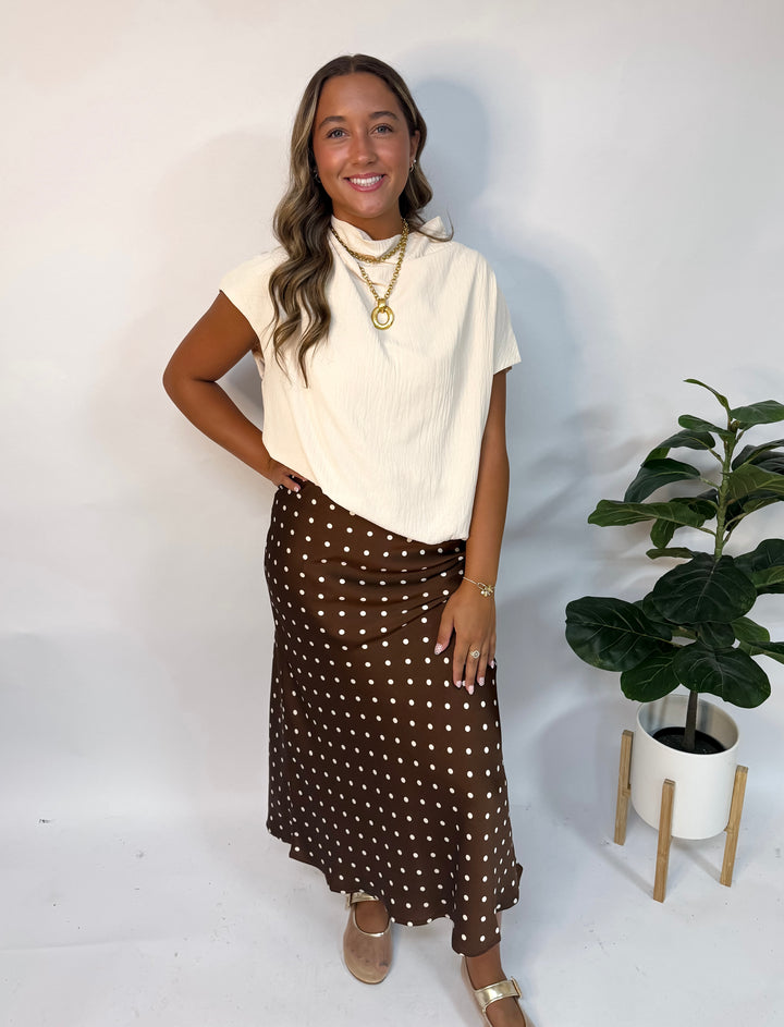 Brown Polka Dot Satin Midi Skirt
