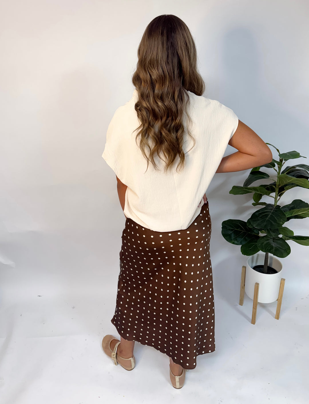 Brown Polka Dot Satin Midi Skirt