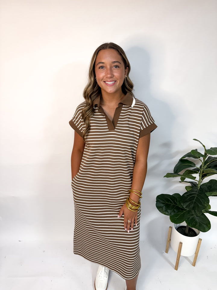 Mocha Striped Collar Midi Dress