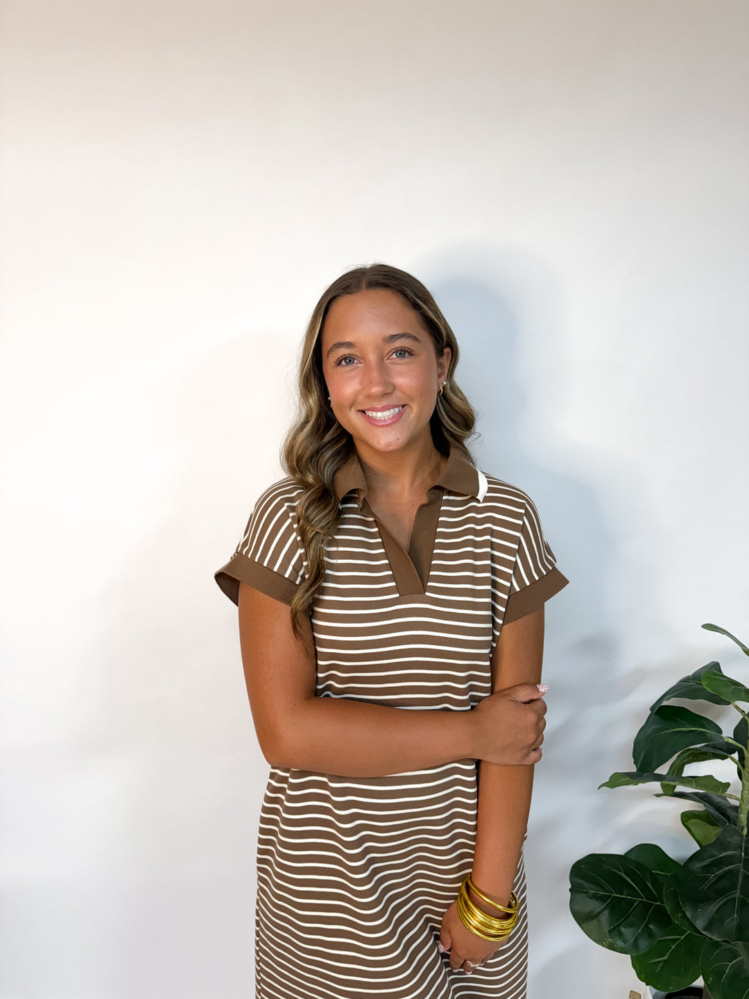 Mocha Striped Collar Midi Dress