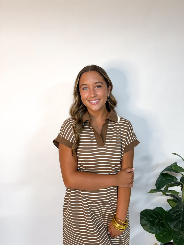 Mocha Striped Collar Midi Dress
