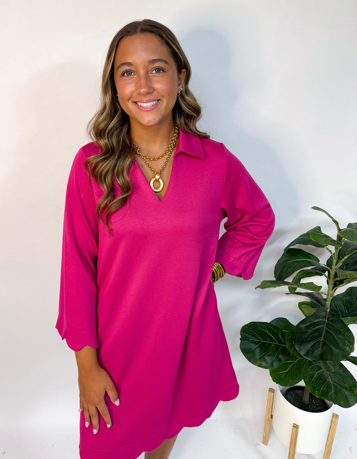 Quarter Sleeve Magenta V-Neck Midi Dress