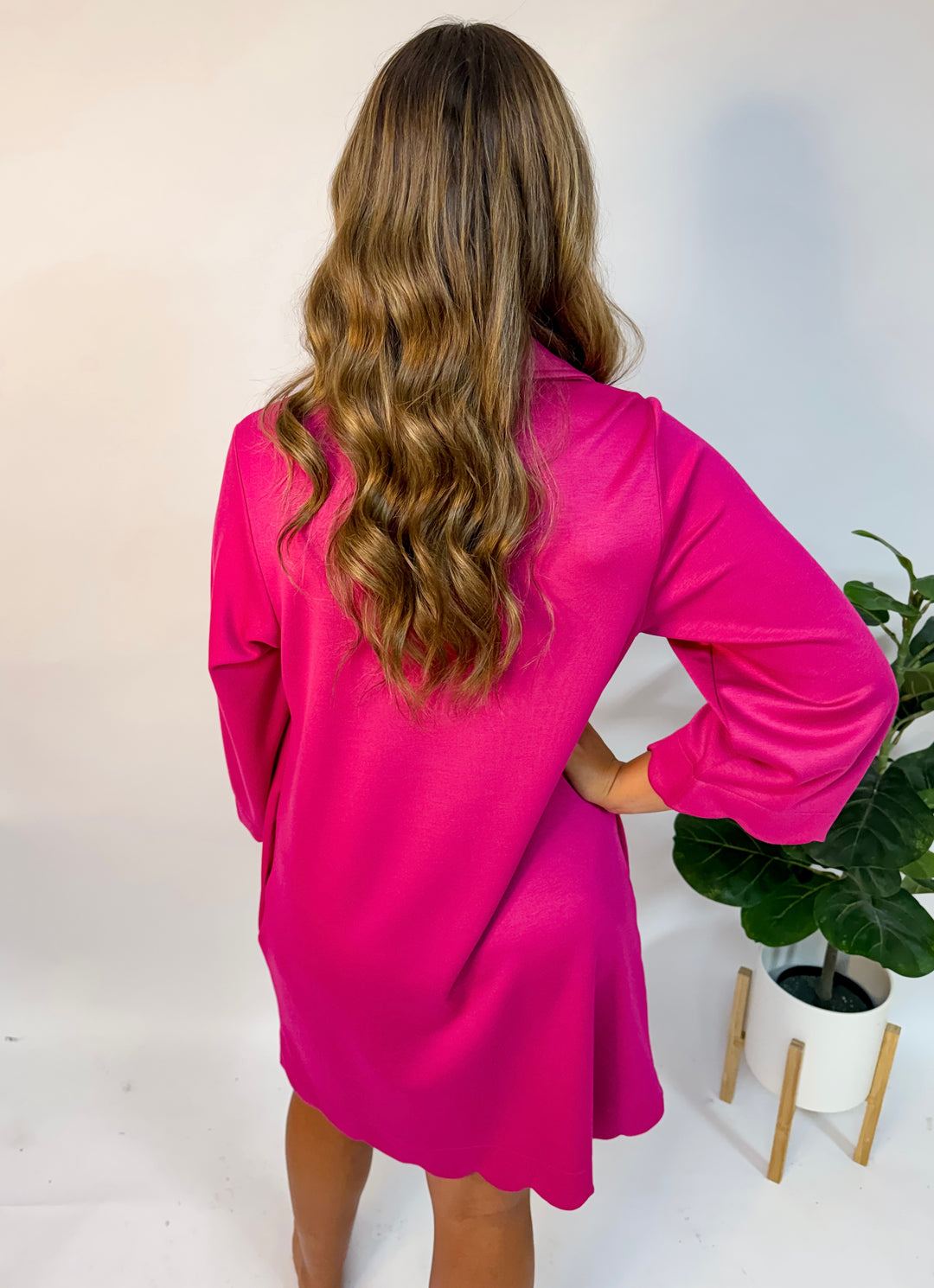 Quarter Sleeve Magenta V-Neck Midi Dress