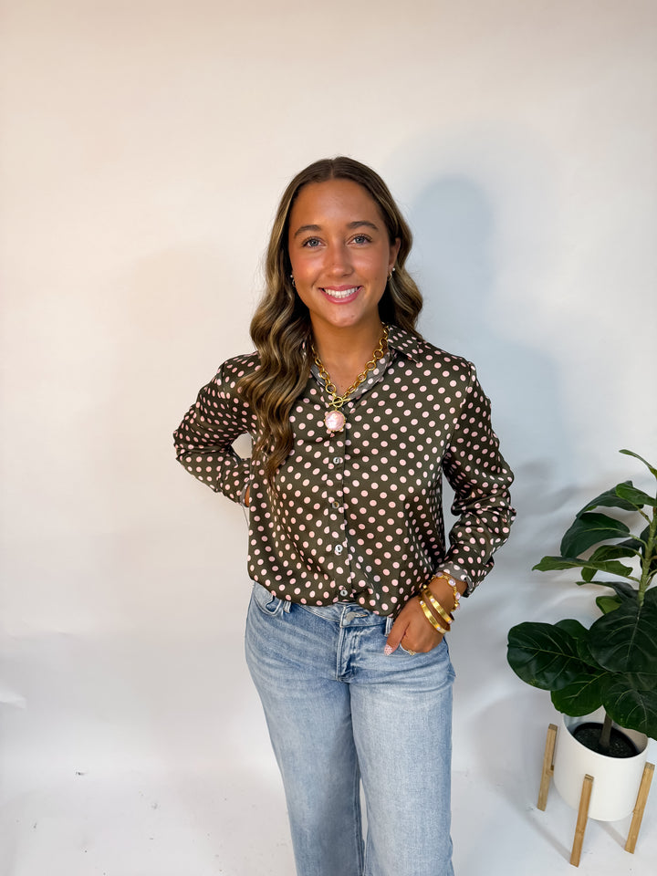 Olive Blush Polka Dot Satin Blouse