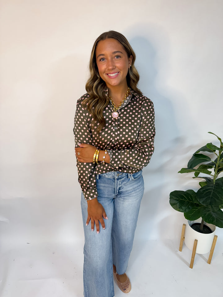 Olive Blush Polka Dot Satin Blouse