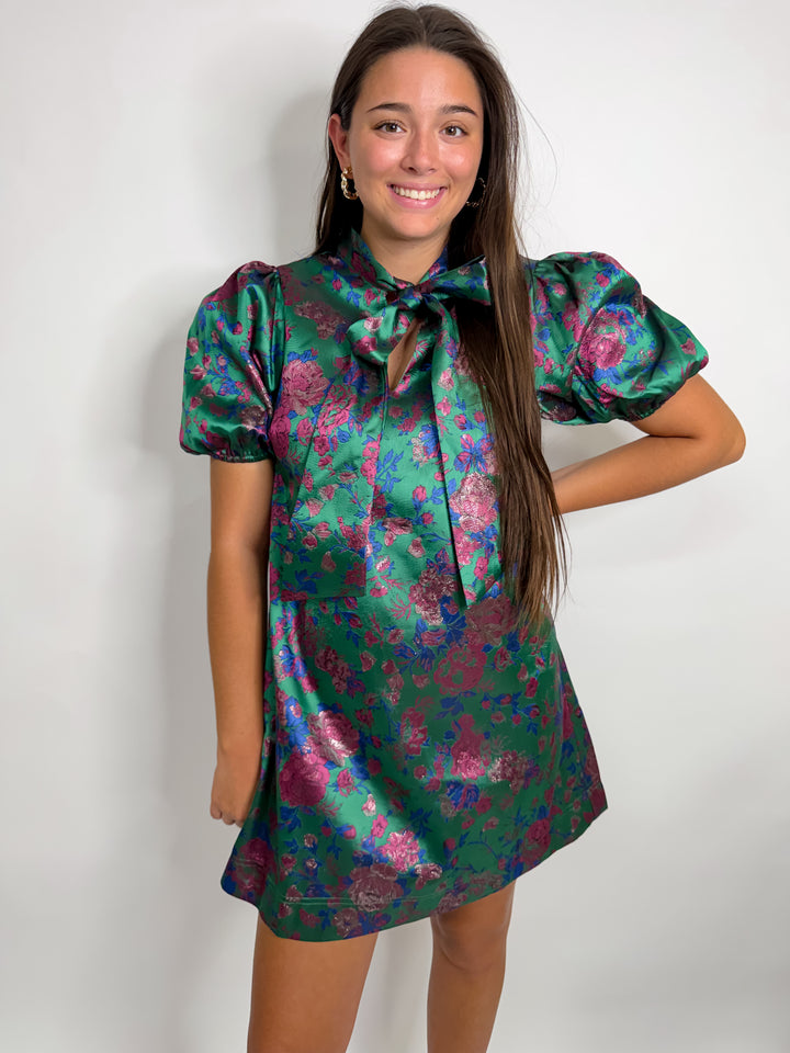 Satin Jacquard Bow Neck Mini Dress