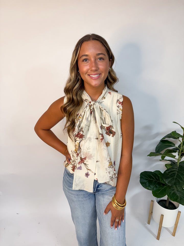 Ivory Floral Tie Neck Blouse