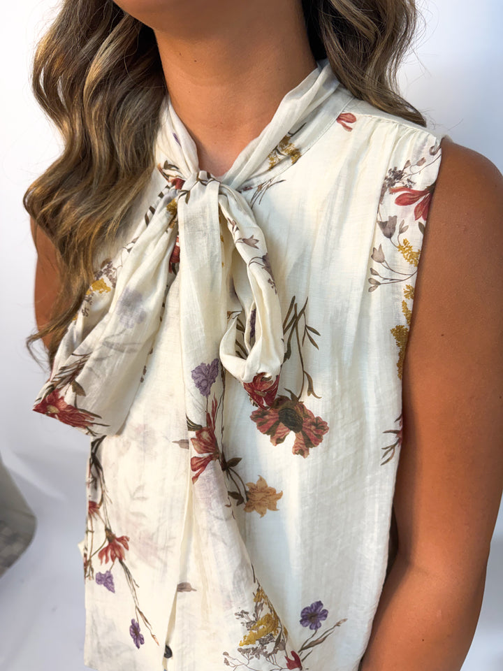 Ivory Floral Tie Neck Blouse