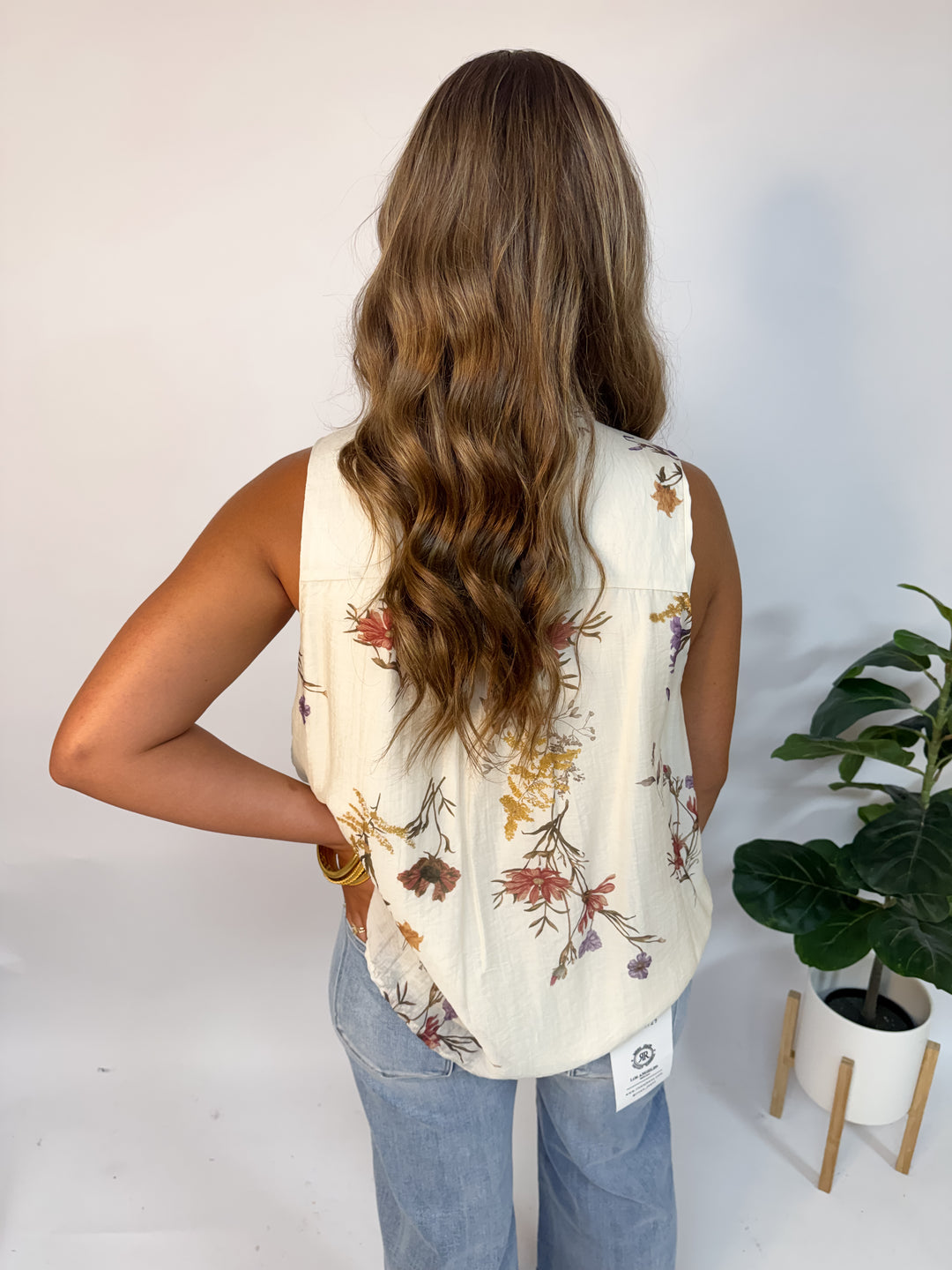 Ivory Floral Tie Neck Blouse
