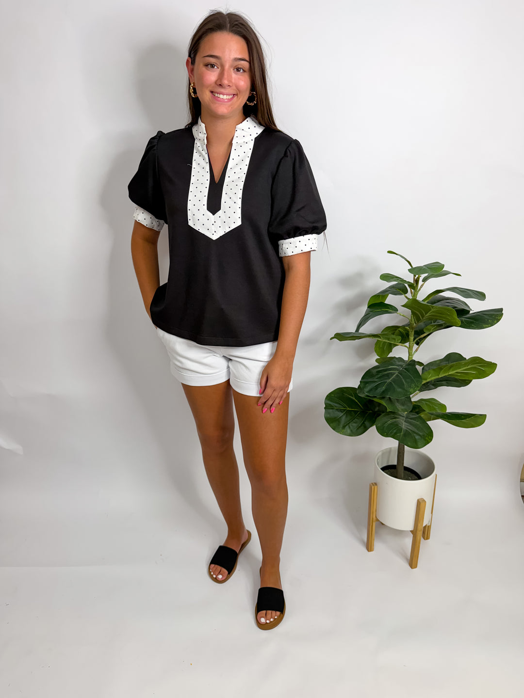 Black Polka Dot Trim Top