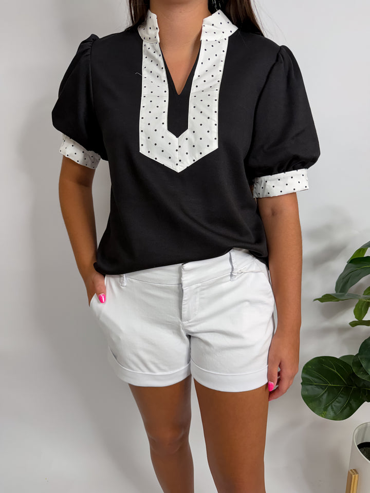 Black Polka Dot Trim Top