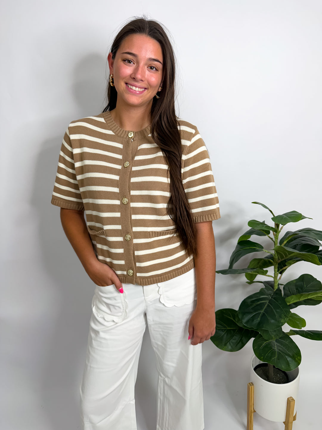 Taupe Stripe Button Top