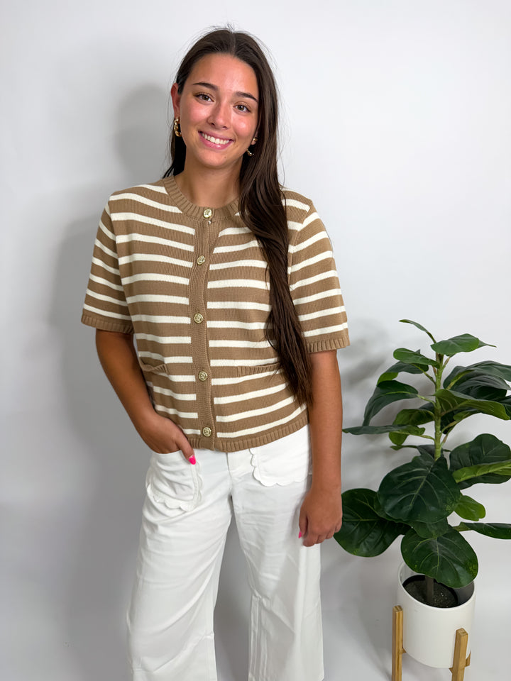 Taupe Stripe Button Top