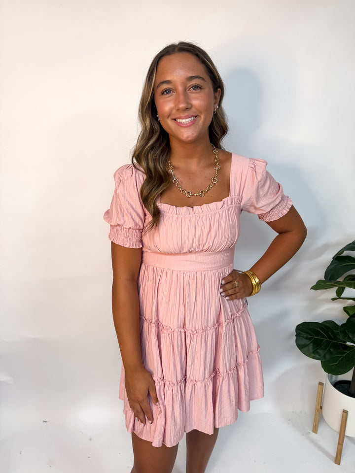 Square Neck Ruffle Mini Dress Light Pink