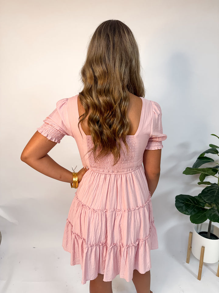 Square Neck Ruffle Mini Dress Light Pink