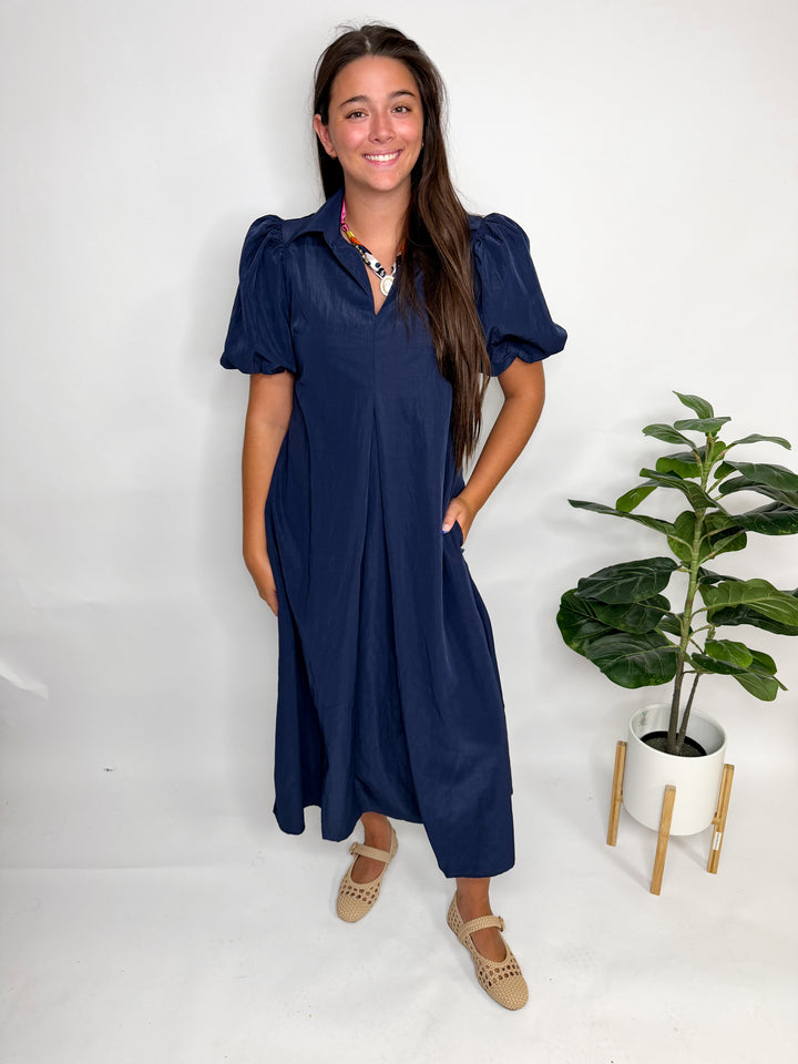 Navy Collar V-Neck Puff Sleeve Dress