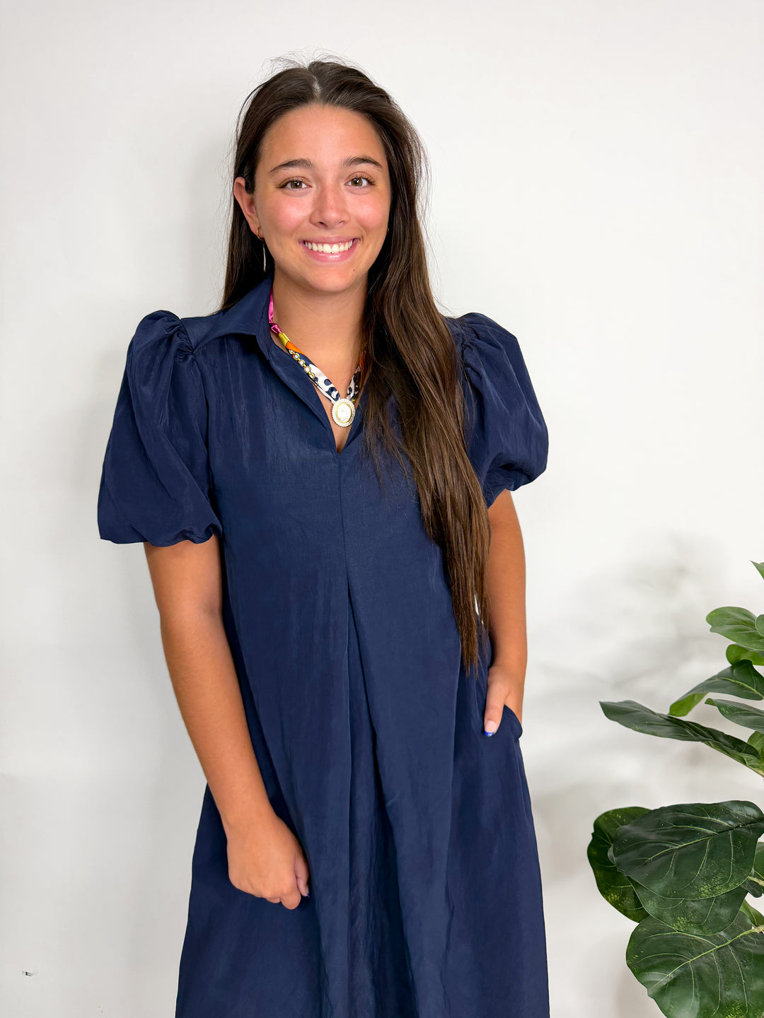 Navy Collar V-Neck Puff Sleeve Dress