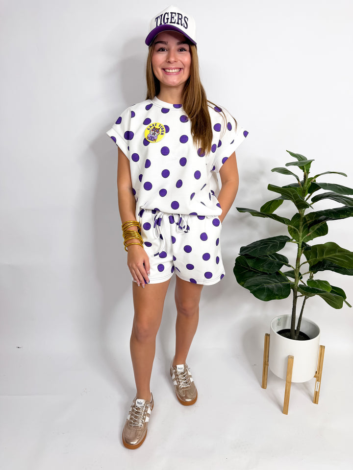 White-Purple Polka Dot Short Set