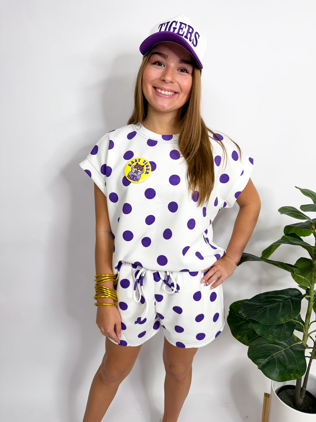 White-Purple Polka Dot Short Set
