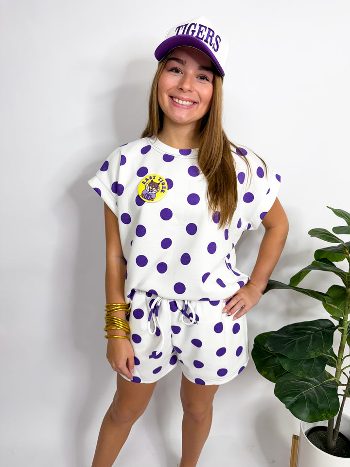 White-Purple Polka Dot Short Set