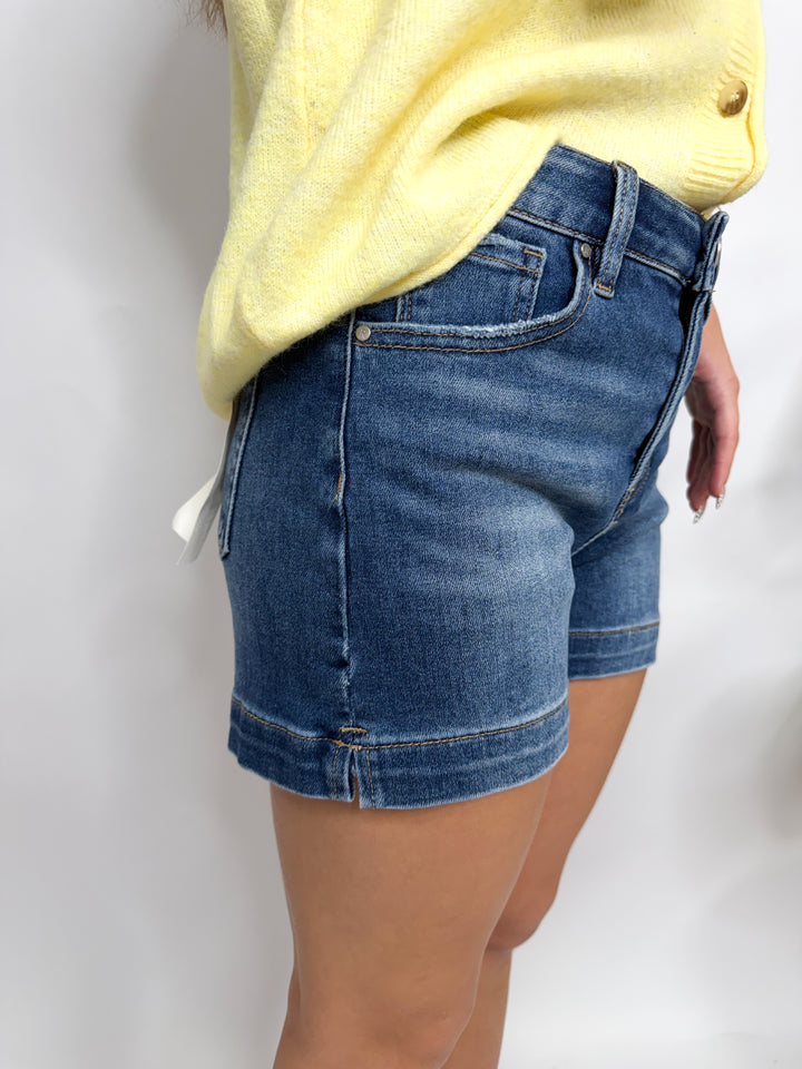 Risen High Rise Side Slit Dark Denim Shorts