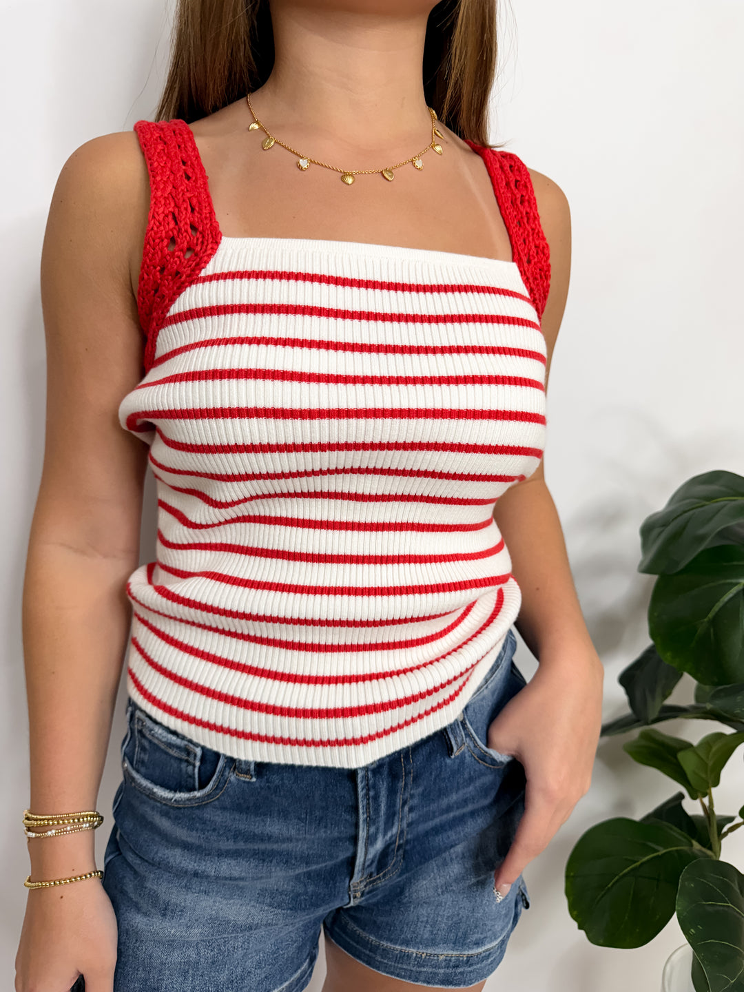 Red Crochet Stripe Top