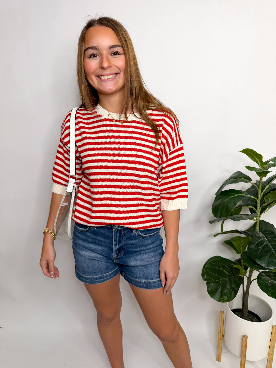 Red Striped Short Sleeve Sweater