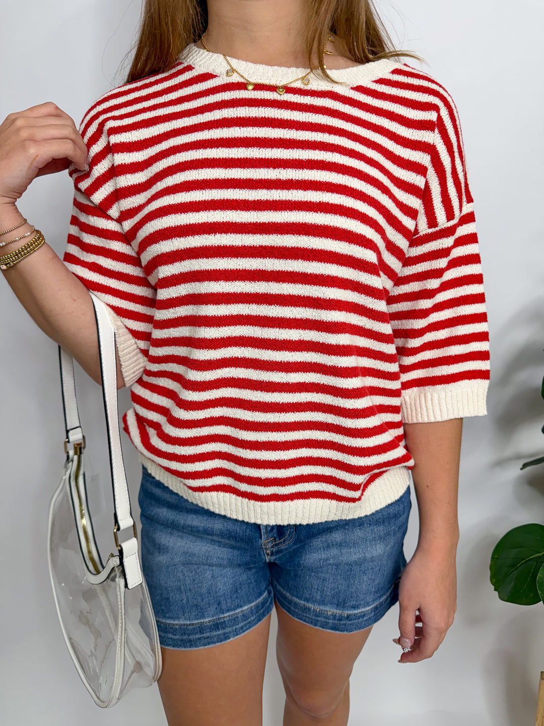 Red Striped Short Sleeve Sweater