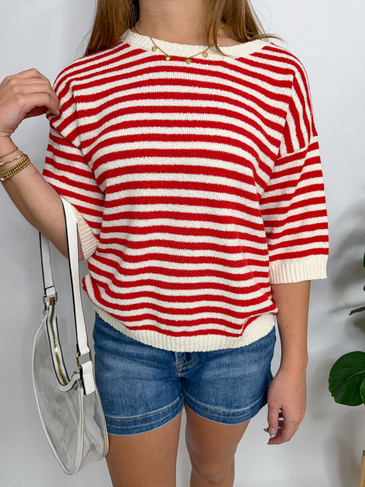 Red Striped Short Sleeve Sweater