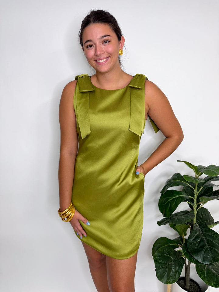 Olive Satin Bow Mini Dress