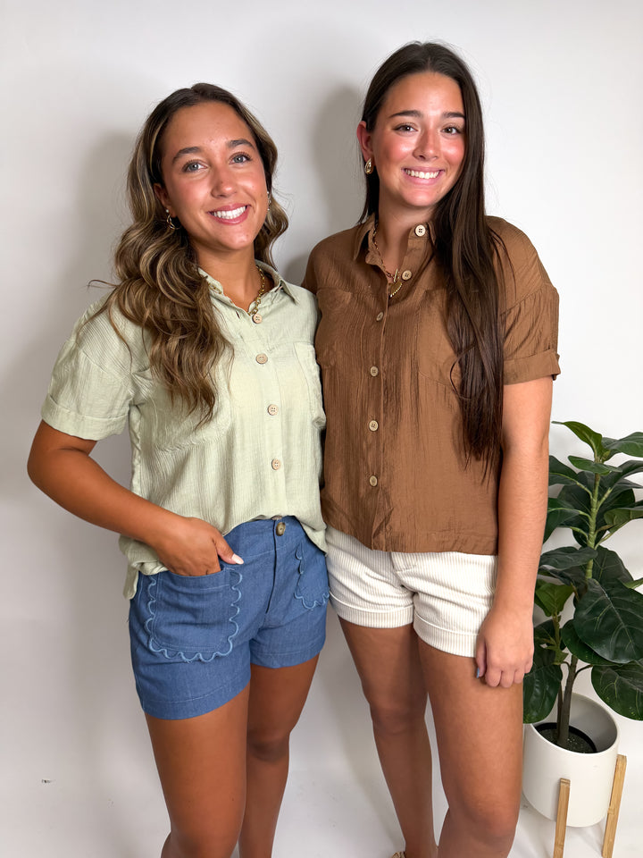 Textured Collared Button Down Cuff Sleeve Top