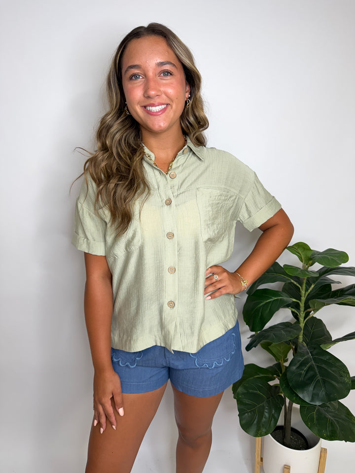 Textured Collared Button Down Cuff Sleeve Top