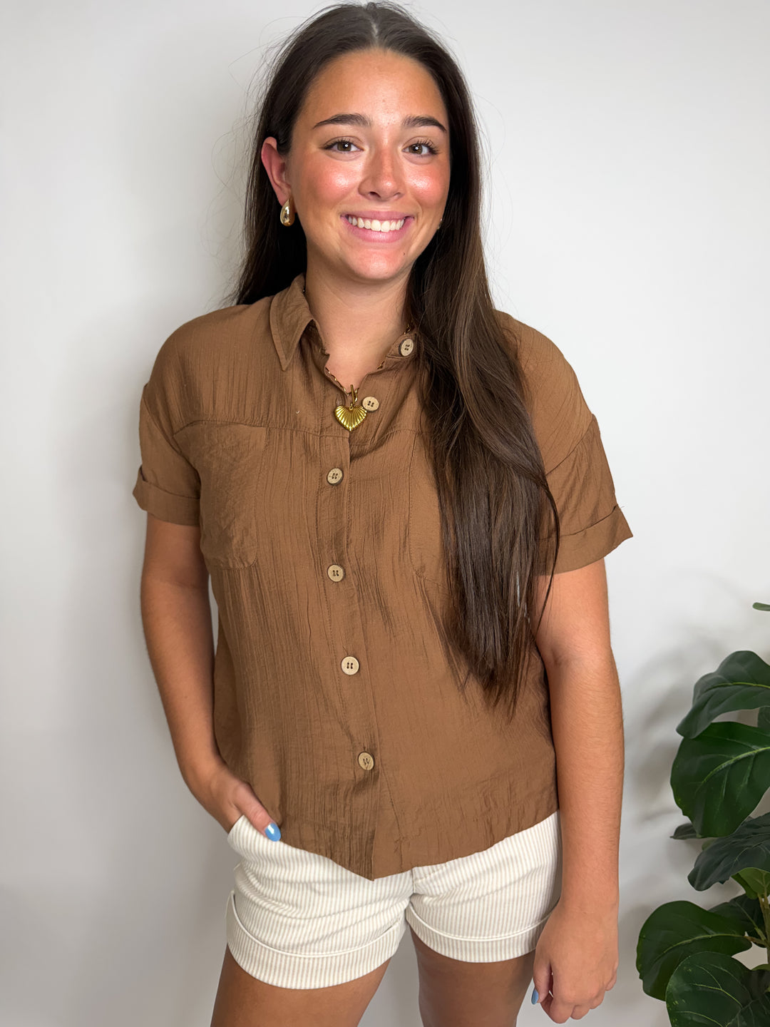 Textured Collared Button Down Cuff Sleeve Top