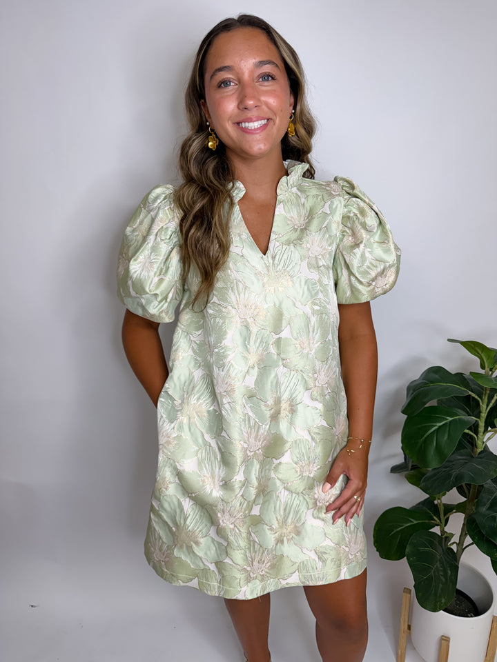 Ruffle V-Neck Puff Sleeve Dress
