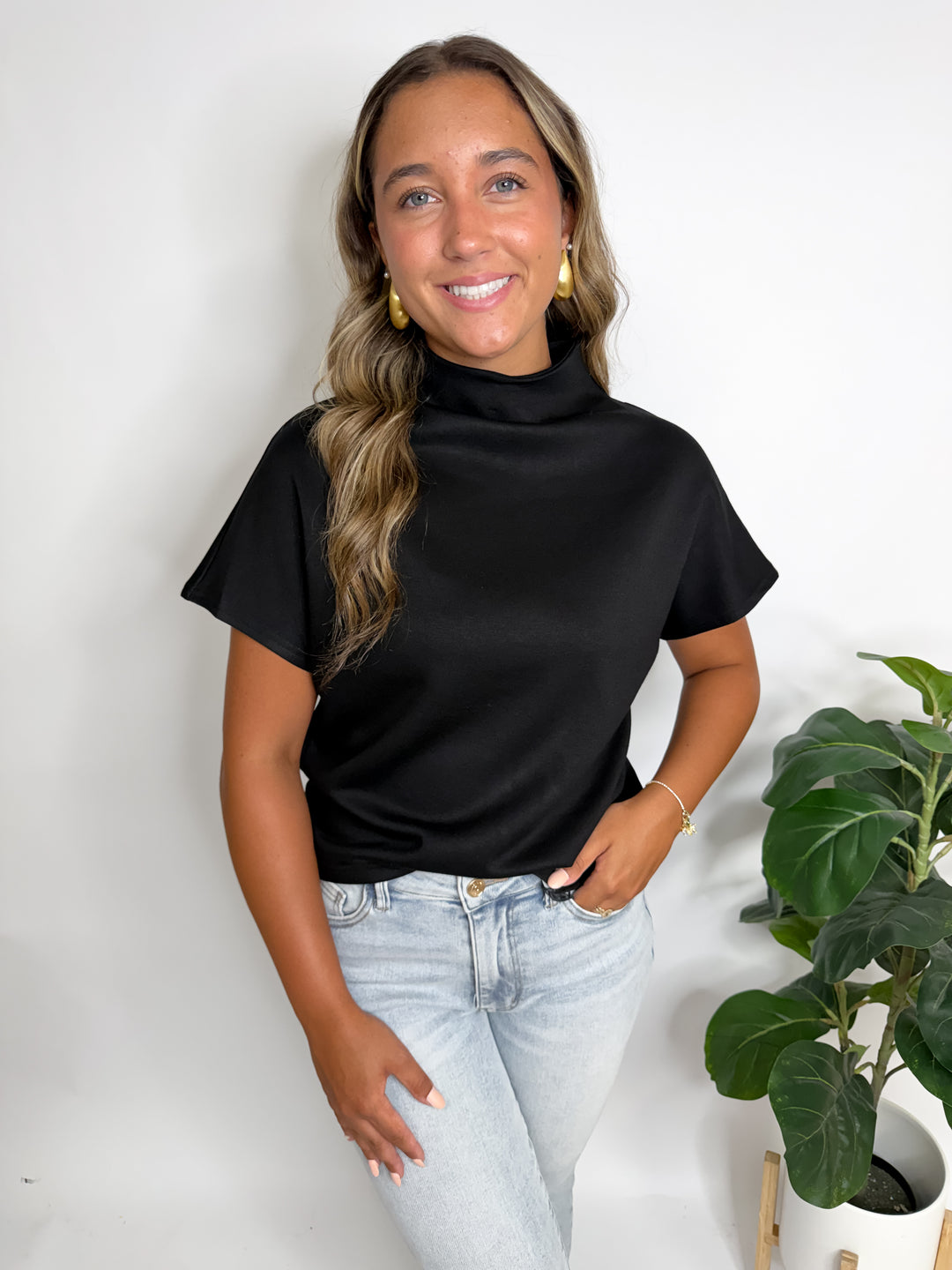 Mock Neck Drop Shoulder Top