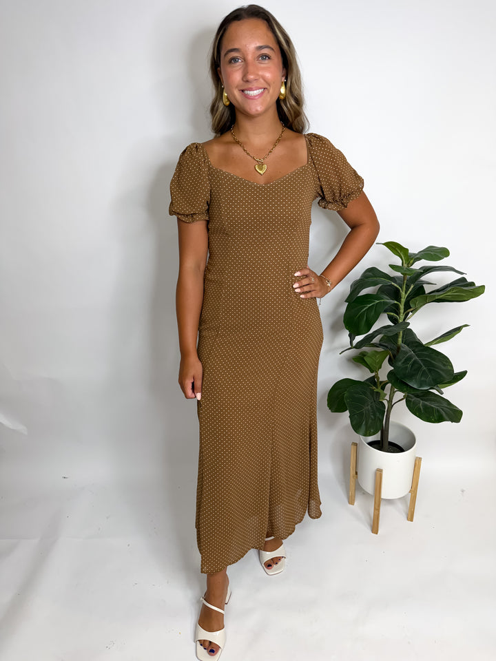 Brown Polka Dot Sweetheart Puff Sleeve Mesh Midi Dress