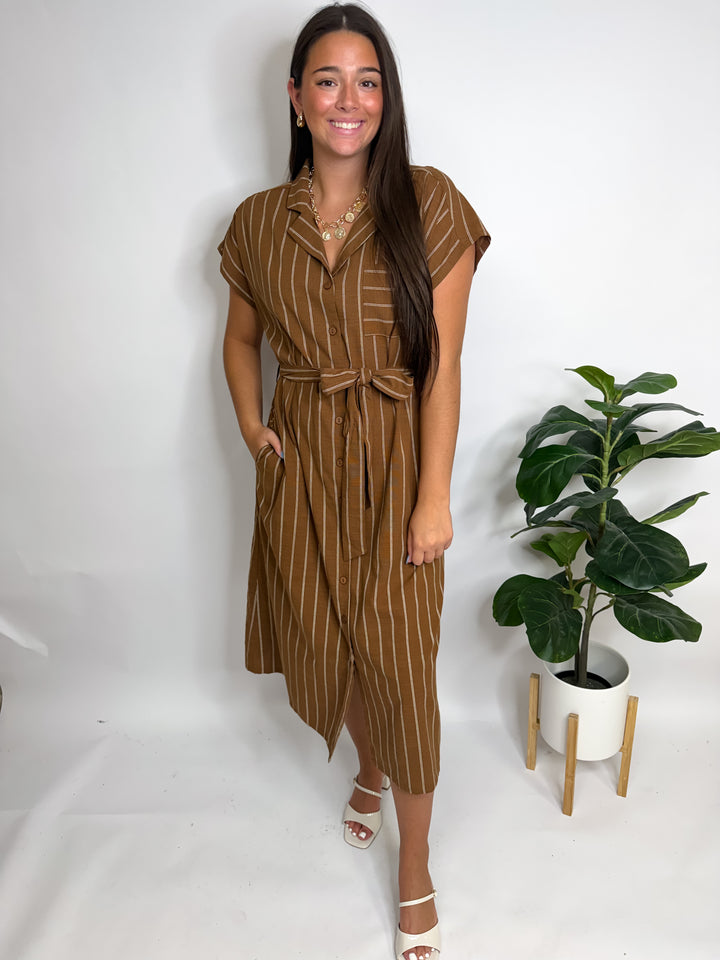 Caramel Striped Tie Midi Dress