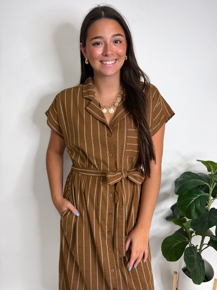 Caramel Striped Tie Midi Dress