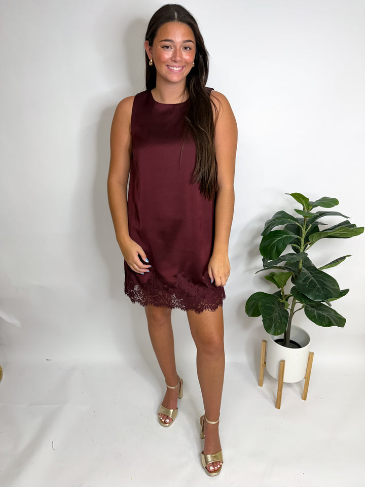 Oxblood Satin Lace Trim Mini Dress