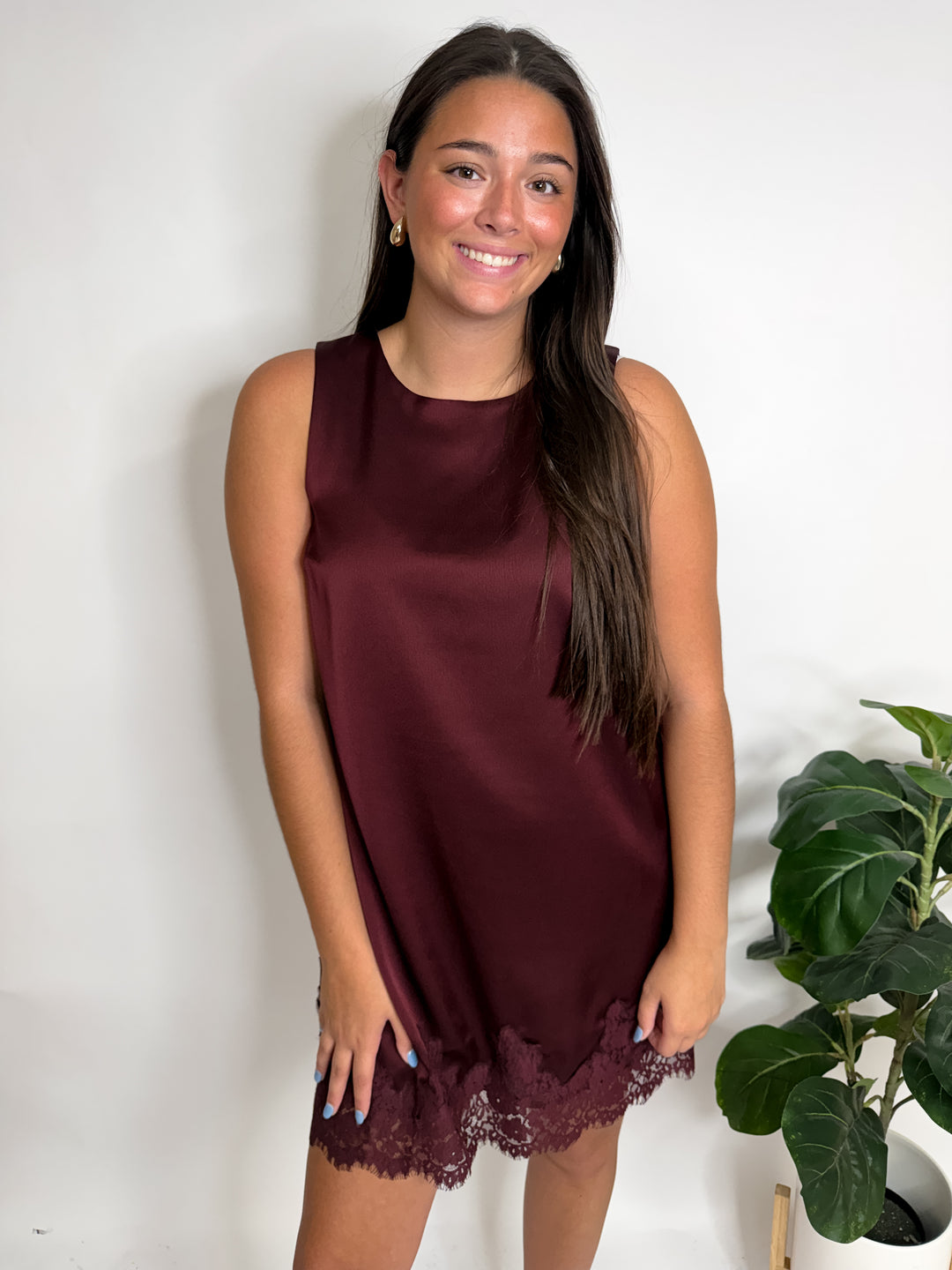 Oxblood Satin Lace Trim Mini Dress