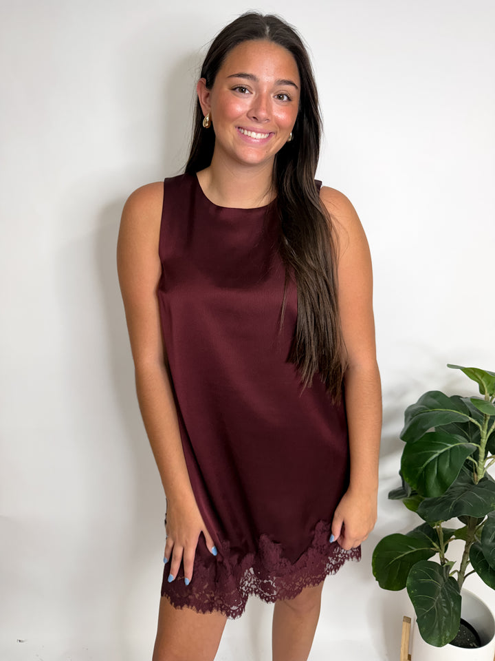 Oxblood Satin Lace Trim Mini Dress